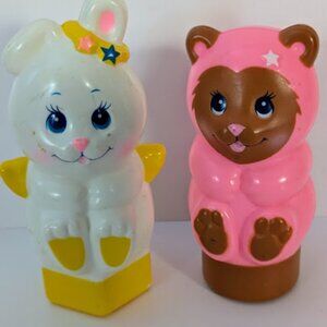 Vintage Mattel Angel Bunny and Angel Kitty Plastic Baby Rattles 1984